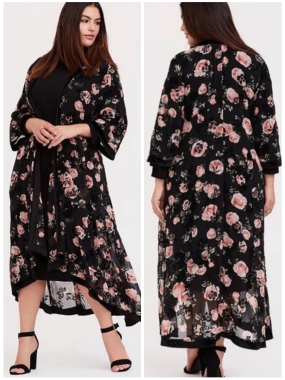 Torrid Velvet Trim Flocked Floral Sheer Maxi Kimono Duster NWT Plus Size 1X / 2X